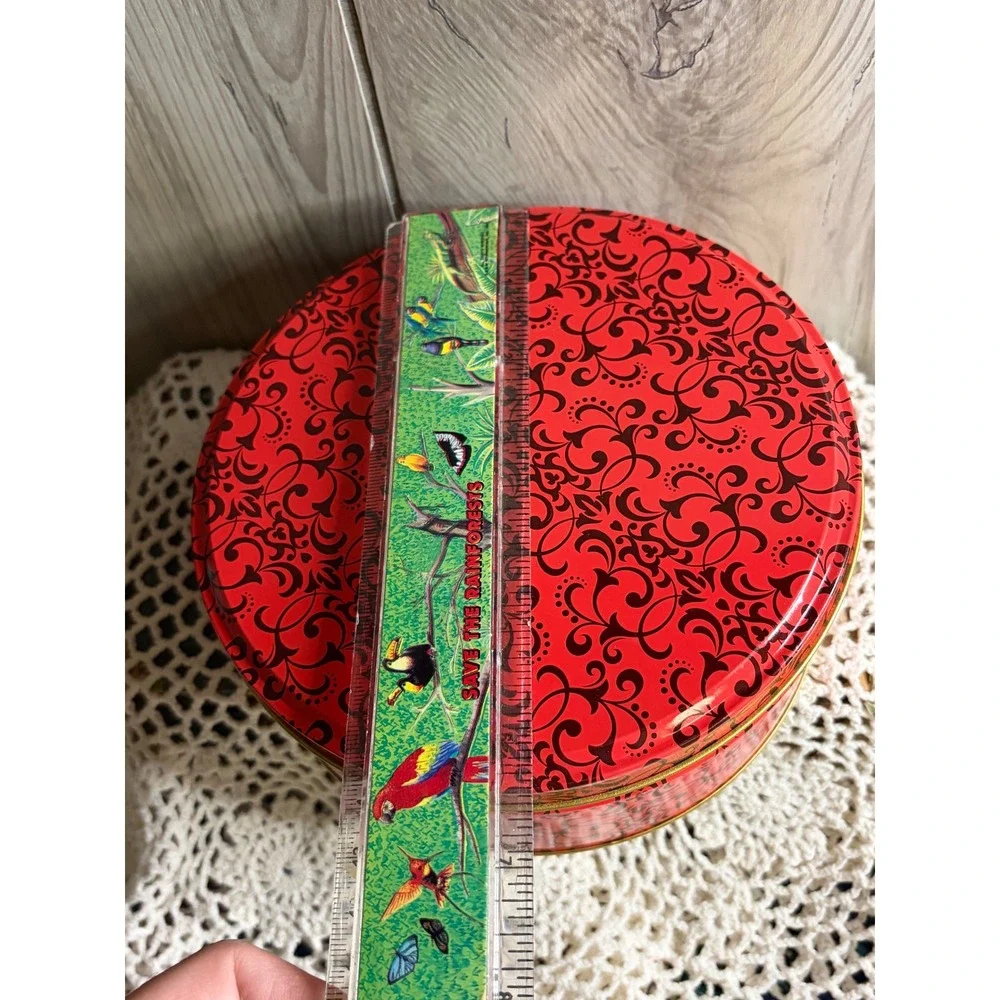 Red Black Damask Round Tin Scroll Pattern Gold Interior Storage Container 7x3